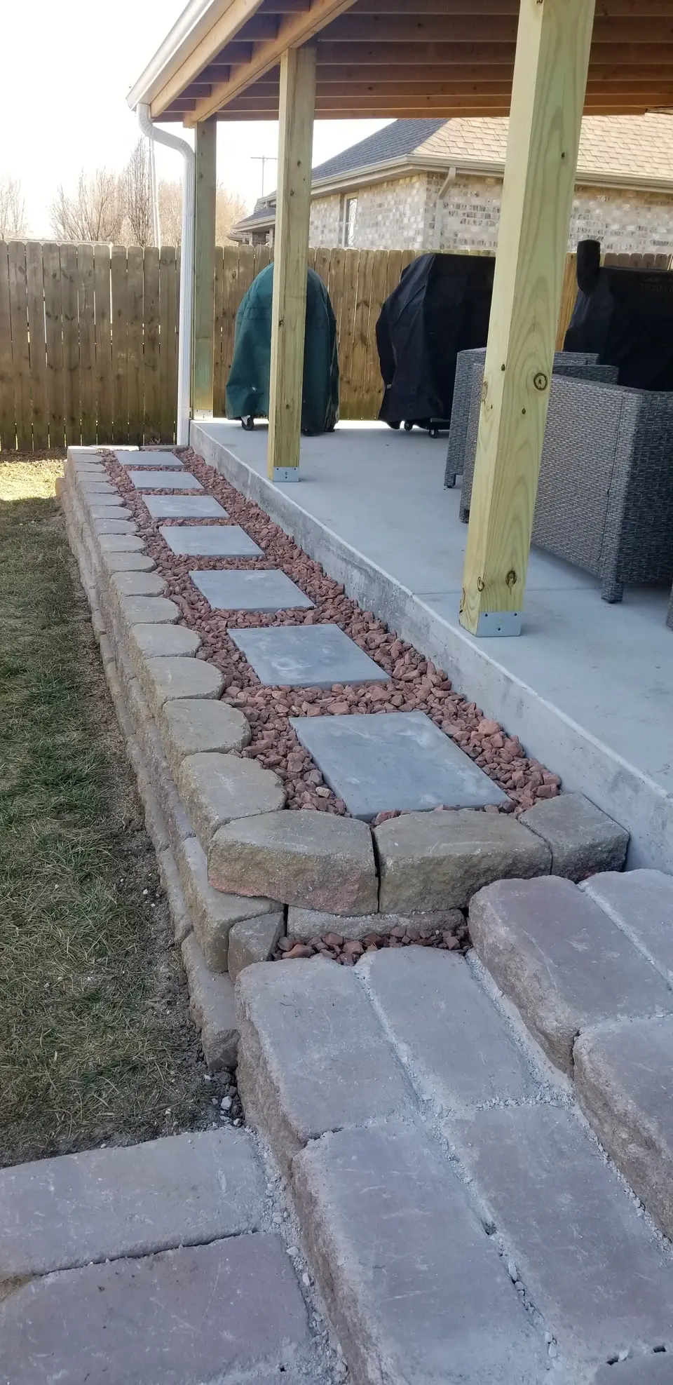 Block border along a patio with stepping pavers, recent work by L&M Lawncare