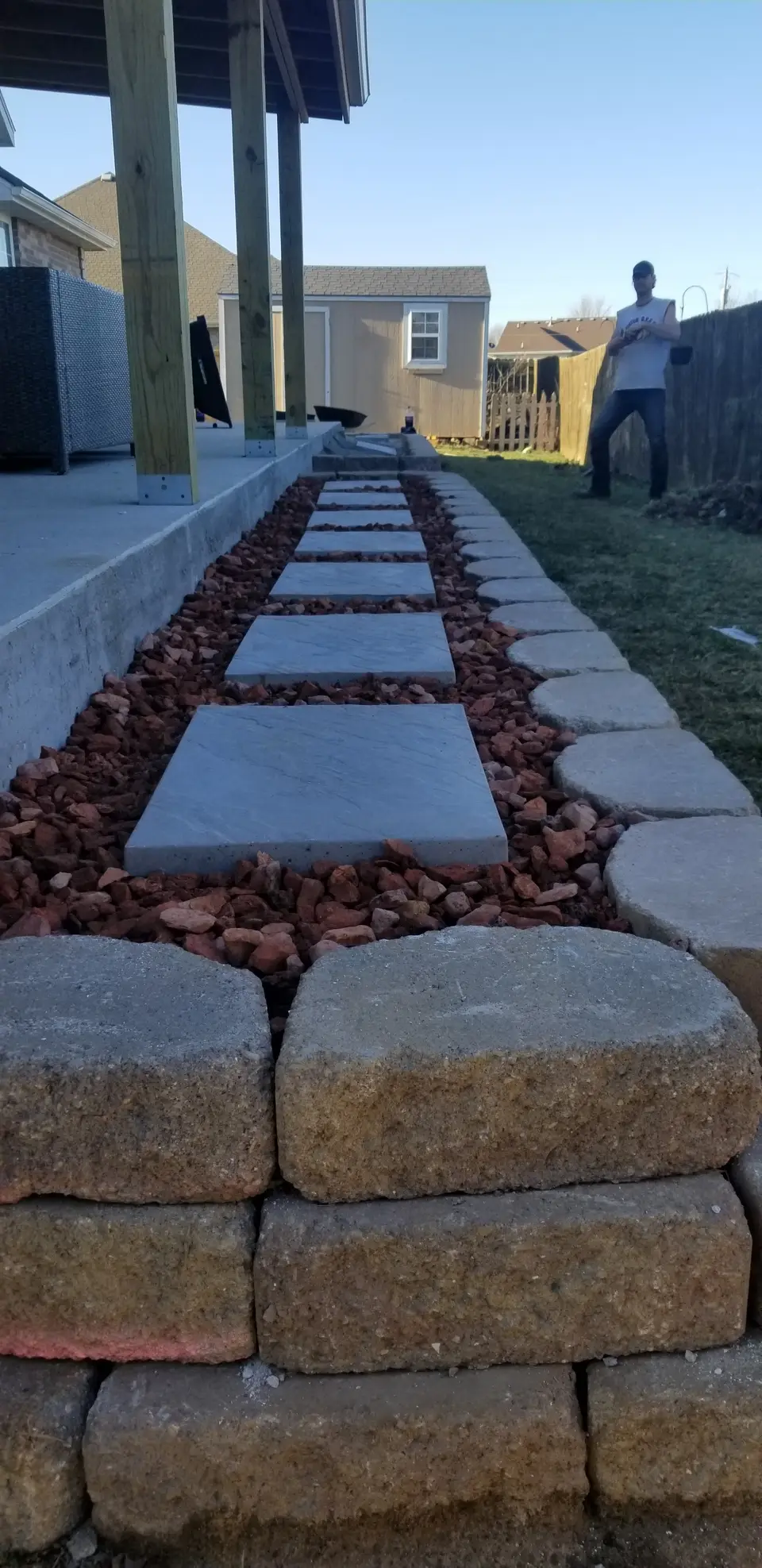 Paver walk with block edging and red mulch, recent work by L&M Lawncare